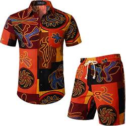 LucMatton Herren Casual Zweiteiliges Ethnic Print Outfit Sommer Kurzarm Button-up Hemd und Shorts Sets für traditionellen afrikanischen hawaiianischen Strandurlaub Gelb Groß von LucMatton