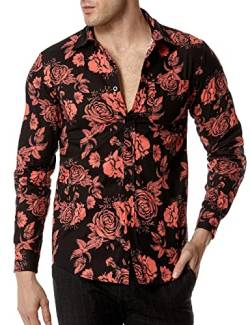LucMatton Herren Floral Kleid Hemd Baumwolle Langarm Button Down Shirts, schwarz / rot, S von LucMatton