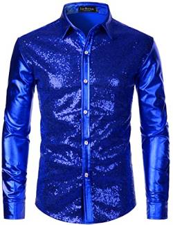 LucMatton Herren Glänzende Metallic-Langarmhemden, schmale Passform, Button-Down-Shirt, für Club, Rock, Hip-Hop, Disco, Party, Cosplay, Königsblau, Klein von LucMatton