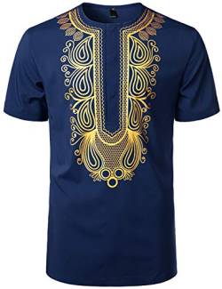 LucMatton Herren-Hemd, afrikanisch, traditionell, bedruckt, Dashiki, luxuriös, versteckte Knöpfe, kurzärmelig, indigoblau, S von LucMatton