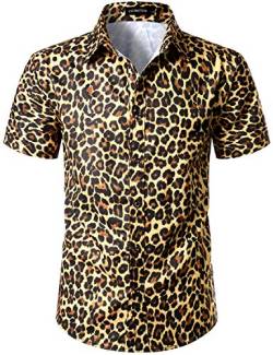 LucMatton Herren Hipster Kurzarm Button Down Leopard Print Shirt für Club Rock Party, gold, S von LucMatton