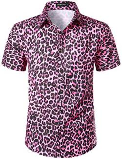 LucMatton Herren Hipster Kurzarm Button Down Leopard Print Shirt für Club Rock Party, rose, L von LucMatton