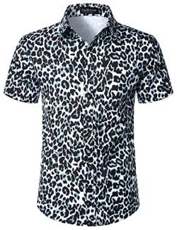 LucMatton Herren Hipster Kurzarm Button Down Zebra Schlange Leopard Print Shirt für Club Rock Party, Weiß / Leopardenmuster, L von LucMatton