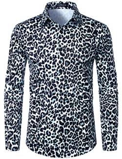 LucMatton Herren Hipster Langarm Button Down Leopard Print Shirts für Club Rock Party, Weiß / Leopardenmuster, XXL von LucMatton