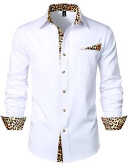 LucMatton Herren Hipster Langarm Button Down Leopard Print Shirts für Club Rock Party, weiß, XXL von LucMatton