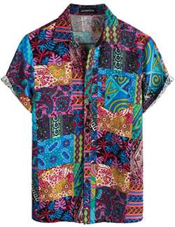 LucMatton Herren Leinen Traditionelle Muster Print Kurzarm Button Down Hawaiihemden, Blau/Pink, XXL von LucMatton