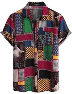 LucMatton Herren Leinen Traditionelle Muster Print Kurzarm Button Down Hawaiihemden, Mehrfarbig, L von LucMatton