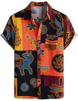 LucMatton Herren Leinen Traditionelle Muster Print Kurzarm Button Down Hawaiihemden, gelb, L von LucMatton