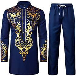 LucMatton Herren afrikanisches 2-teiliges Set Langarm Gold Print Dashiki und Hose Outfit Traditioneller Anzug, Indigoblau-a, XL von LucMatton