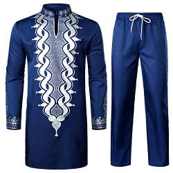 LucMatton Herren afrikanisches 2-teiliges Set Langarm Gold Print Dashiki und Hose Outfit Traditioneller Anzug, Navy White-b, XL von LucMatton