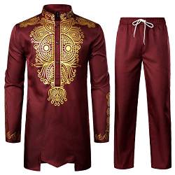 LucMatton Herren afrikanisches 2-teiliges Set Langarm Gold Print Dashiki und Hose Outfit Traditioneller Anzug, burgunderfarben, L von LucMatton