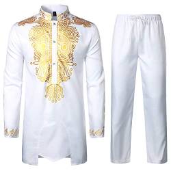 LucMatton Herren afrikanisches 2-teiliges Set Langarm Gold Print Dashiki und Hose Outfit Traditioneller Anzug, weiß, M von LucMatton