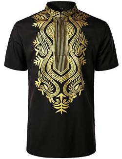 LucMatton Herrenhemd, afrikanisch, traditionell, bedruckt, Dashiki, luxuriös, versteckte Knöpfe, kurzärmelig, Schwarz, Mittel von LucMatton