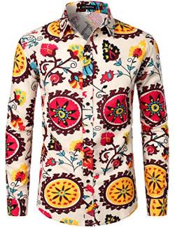 LucMatton Herrenhemd aus Leinen, mit stilvollen, afrikanischen, traditionellen Druckmustern, Langarmhemd mit Knopfleiste, Beige Gelb, 3XL von LucMatton