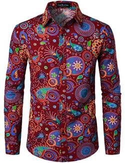 LucMatton Herrenhemd aus Leinen, mit stilvollen, afrikanischen, traditionellen Druckmustern, Langarmhemd mit Knopfleiste, Burgundy, M von LucMatton