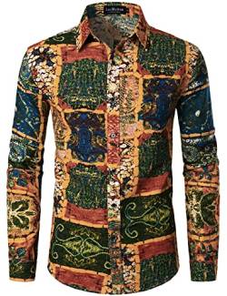 LucMatton Herrenhemd aus Leinen, mit stilvollen, afrikanischen, traditionellen Druckmustern, Langarmhemd mit Knopfleiste, Gelb Blau, 3XL von LucMatton