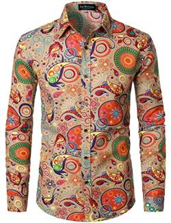 LucMatton Herrenhemd aus Leinen, mit stilvollen, afrikanischen, traditionellen Druckmustern, Langarmhemd mit Knopfleiste, Khaki-a, 3XL von LucMatton
