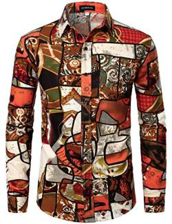 LucMatton Herrenhemd aus Leinen, mit stilvollen, afrikanischen, traditionellen Druckmustern, Langarmhemd mit Knopfleiste, Orange, L von LucMatton