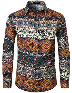 LucMatton Herrenhemd aus Leinen, mit stilvollen, afrikanischen, traditionellen Druckmustern, Langarmhemd mit Knopfleiste, Orange, Weiß, 3XL von LucMatton