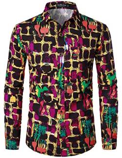 LucMatton Herrenhemd aus Leinen, mit stilvollen, afrikanischen, traditionellen Druckmustern, Langarmhemd mit Knopfleiste, Schwarzwein, XL von LucMatton