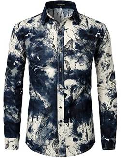 LucMatton Herrenhemd aus Leinen, mit stilvollen, afrikanischen, traditionellen Druckmustern, Langarmhemd mit Knopfleiste, Weiß Marineblau, 3XL von LucMatton