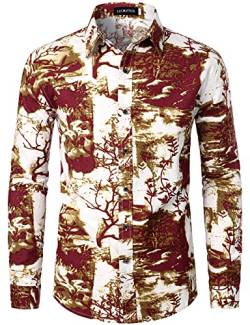 LucMatton Herrenhemd aus Leinen, mit stilvollen, afrikanischen, traditionellen Druckmustern, Langarmhemd mit Knopfleiste, Weißes Kastanienbraun, M von LucMatton