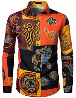 LucMatton Herrenhemd aus Leinen, mit stilvollen, afrikanischen, traditionellen Druckmustern, Langarmhemd mit Knopfleiste, gelb, L von LucMatton