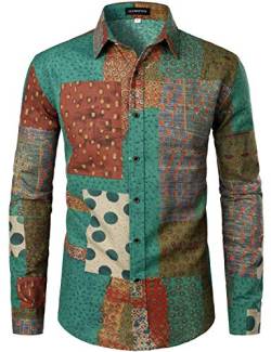 LucMatton Herrenhemd aus Leinen, mit stilvollen, afrikanischen, traditionellen Druckmustern, Langarmhemd mit Knopfleiste, grün, 3XL von LucMatton