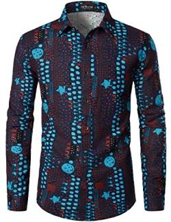 LucMatton Herrenhemd aus Leinen, mit stilvollen, afrikanischen, traditionellen Druckmustern, Langarmhemd mit Knopfleiste, marineblau, 3XL von LucMatton