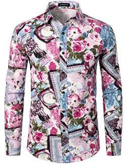 LucMatton Herrenhemd aus Leinen, mit stilvollen, afrikanischen, traditionellen Druckmustern, Langarmhemd mit Knopfleiste, rosa 1, 3XL von LucMatton