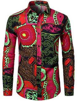 LucMatton Herrenhemd aus Leinen, mit stilvollen, afrikanischen, traditionellen Druckmustern, Langarmhemd mit Knopfleiste, rosarot, 3XL von LucMatton
