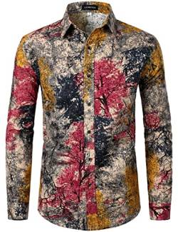 LucMatton Herrenhemd aus Leinen, mit stilvollen, afrikanischen, traditionellen Druckmustern, Langarmhemd mit Knopfleiste, rot, gelb, 3XL von LucMatton