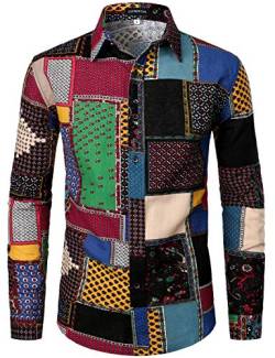 LucMatton Herrenhemd aus Leinen, mit stilvollen, afrikanischen, traditionellen Druckmustern, Langarmhemd mit Knopfleiste, schwarz / grün, 3XL von LucMatton
