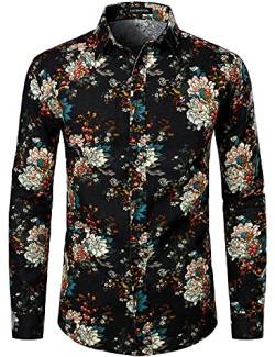 LucMatton Herrenhemd aus Leinen, mit stilvollen, afrikanischen, traditionellen Druckmustern, Langarmhemd mit Knopfleiste, schwarz / weiß, 3XL von LucMatton