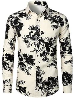 LucMatton Herrenhemd aus Leinen, mit stilvollen, afrikanischen, traditionellen Druckmustern, Langarmhemd mit Knopfleiste, weiß/schwarz, S von LucMatton