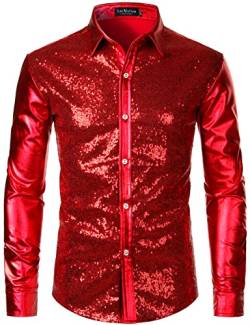 LucMatton Langärmelige Knopfleistenhemden für Herren, glänzende Metallic-Pailletten, 70er-Disco-Stil, für Halloween, Cosplay, Club, Rock-, Hip-Hop-Party, Rot, S, metallisch, Klein von LucMatton