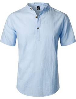 LucMatton Sommerhemd für Herren, aus Baumwolle/Leinen, Kurzarm, lässiges Henley-Hemd, leichte Sommer-Oberbekleidung für den Strand, mit Stehkragen, Blau, Mittel von LucMatton