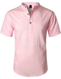 LucMatton Sommerhemd für Herren, aus Baumwolle/Leinen, Kurzarm, lässiges Henley-Hemd, leichte Sommer-Oberbekleidung für den Strand, mit Stehkragen, Pink, Mittel von LucMatton