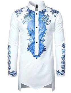 LucMatton Traditionelles afrikanisches Herrenhemd, langärmelig, Dashiki, glänzend, metallisches Muster, bedrucktes Partyhemd, weiß / blau, L von LucMatton