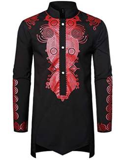 LucMatton Traditionelles afrikanisches Langarm-Dashiki-Hemd für Herren, glänzendes Metallic-Muster - Schwarz - Groß von LucMatton