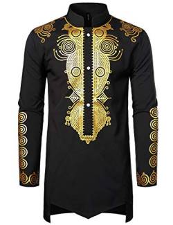 LucMatton Traditionelles afrikanisches Langarm-Dashiki-Hemd für Herren, glänzendes Metallic-Muster - Schwarz - X-Groß von LucMatton