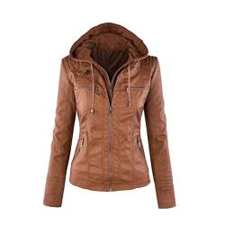 LucaSng Damen Lederjacke Kapuzen Kunstleder Jacke mit Reißverschluss Bikerjacke Motorradjacke Kapuzenjacke Übergangsjacke Ladies Oberbekleidung (Braun, 2XL) von LucaSng