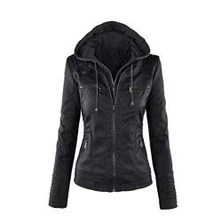 LucaSng Damen Lederjacke Kapuzen Kunstleder Jacke mit Reißverschluss Bikerjacke Motorradjacke Kapuzenjacke Übergangsjacke Ladies Oberbekleidung (Schwarz, 2XL) von LucaSng