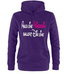 Luckja Auch eine Prinzessin ballert dir eine Damen Hoodie Violett-Weiss/Neonpink Grösse S von Luckja