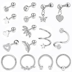 Lucktao 16Pcs 16G Knorpel Ohrstecker für Frauen Edelstahl, Tragus Piercing mit Schmetterling Schlange Diamond,Tragus Helix Ohr Ohrringe, Helix Piercing für Damen Feder Herz Stern Creolen Ohrringe Set. von Lucktao