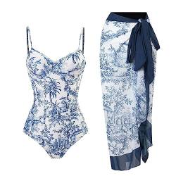 Luckxing Badeanzüge für Damen | Badeanzug mit Blumendruck und Bikini-Wickelröcken - Badeanzug mit Blumendruck, schlankmachendes, rückenfreies, bauchkontrollierendes Badebekleidungskleid mit von Luckxing