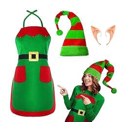Luckxing Elfenkostüm für Damen - Plüschmütze und rot grün gestreifter Weihnachtself | Weihnachtselfen-Zubehör für Party-Rollenspiele, Weihnachtsküchen-Kochschürzen für Weihnachten, Halloween, Neujahr von Luckxing