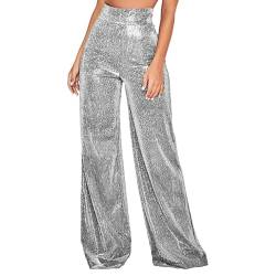 Luckxing Glitzerhose Damen, glitzernde Hose mit hoher Taille | Leichte Freizeithose mit hoher Taille | Reißverschluss hinten, lockere Schlaghose, Clubwear zum Ausgehen, elastische, weiche Schlaghose von Luckxing