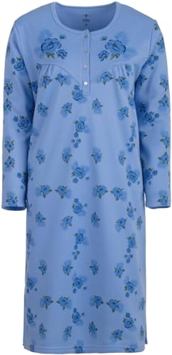 Lucky Nachthemd Damen Thermo Langarm Blumen Winter Knöpfe Größe M L XL XXL, Größe:L, Farbe:Blau von Lucky