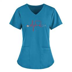 LuckyLucy Damen Pflege Schlupfhemd Uniform Schlupfkasack Kasack mit 2 Taschen V-Ausschnitt T Shirts Tops Kurzarm Krankenpfleger Berufsbekleidung mit Motiv, A-blau, L von LuckyLucy